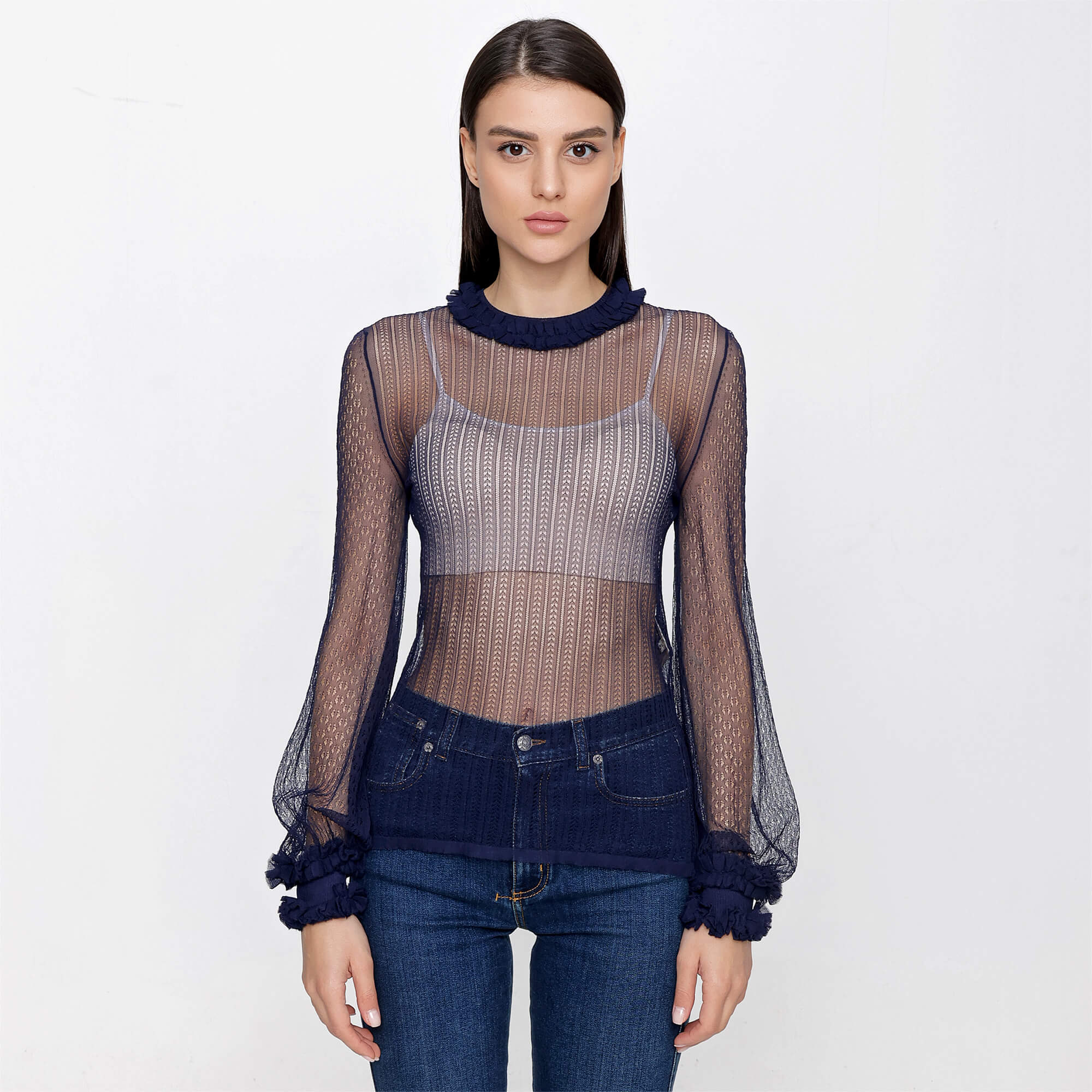 FENDI -Navy Blue Lace Transparan Sweater